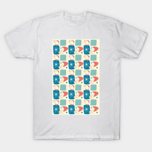 Atomic Age Mid-Century Pattern in Blue, Yellow, Peach and Dark Salmon T-Shirt